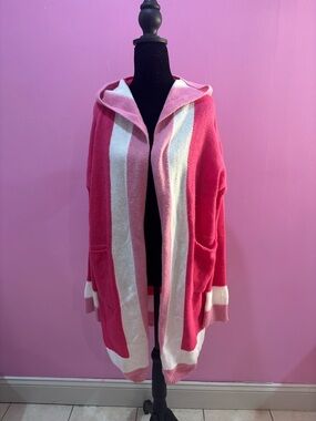 SHEIN Pink & Cream Hooded Open Knit Cardigan